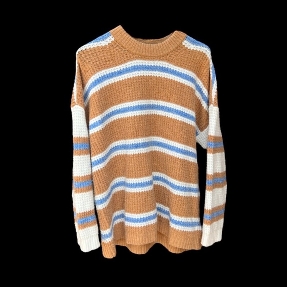 AMERICAN EAGLE CREW NECK WOMEN’S SWEATER SIZE SMALL WAFFLE STRIPE TAN BLUE WHITE